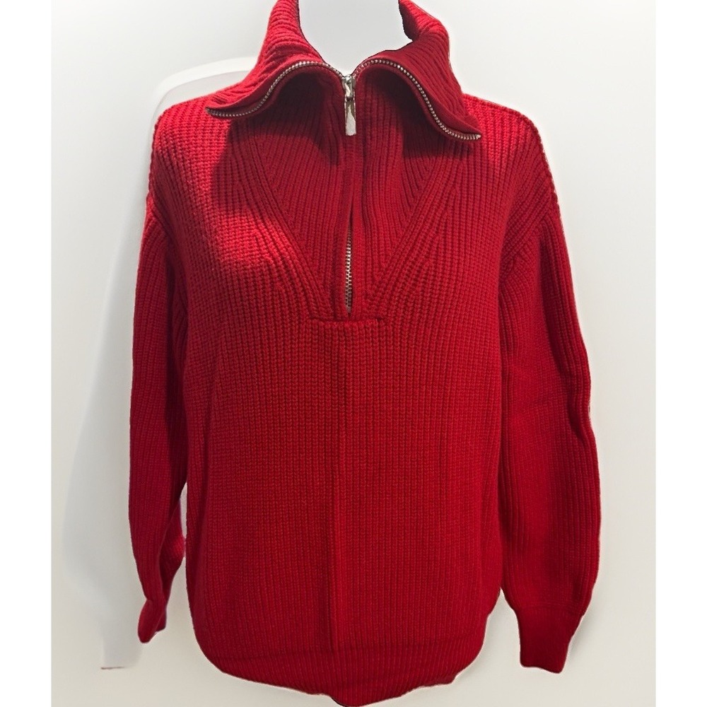 Vintage Red Solid Knit Mock Neck 1/4 Zip Long Sleeve Pullover Sweater Womens L